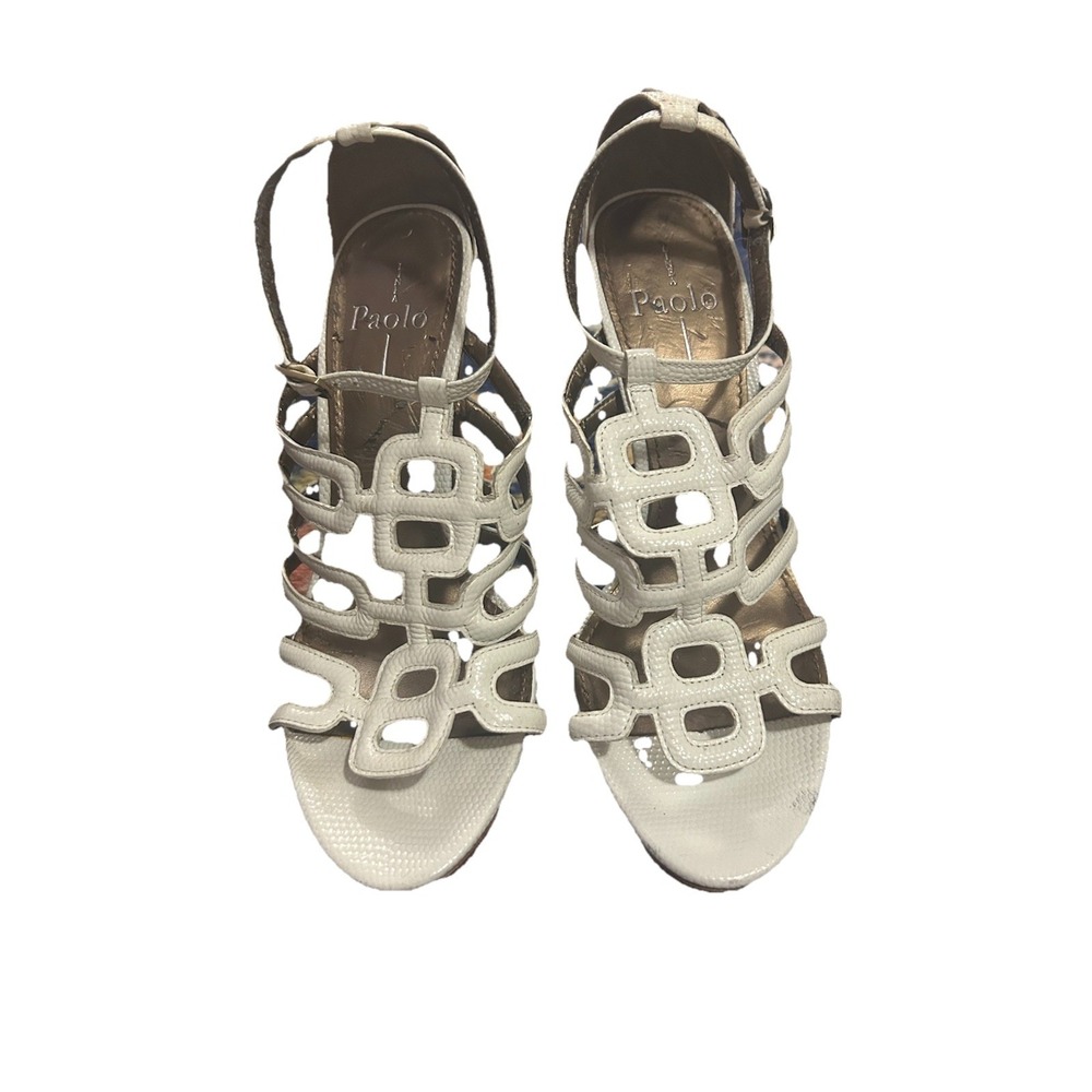 Linea Paolo White Strappy Cage High Heels Sandals Wood Stacked Heel Size 8.5M